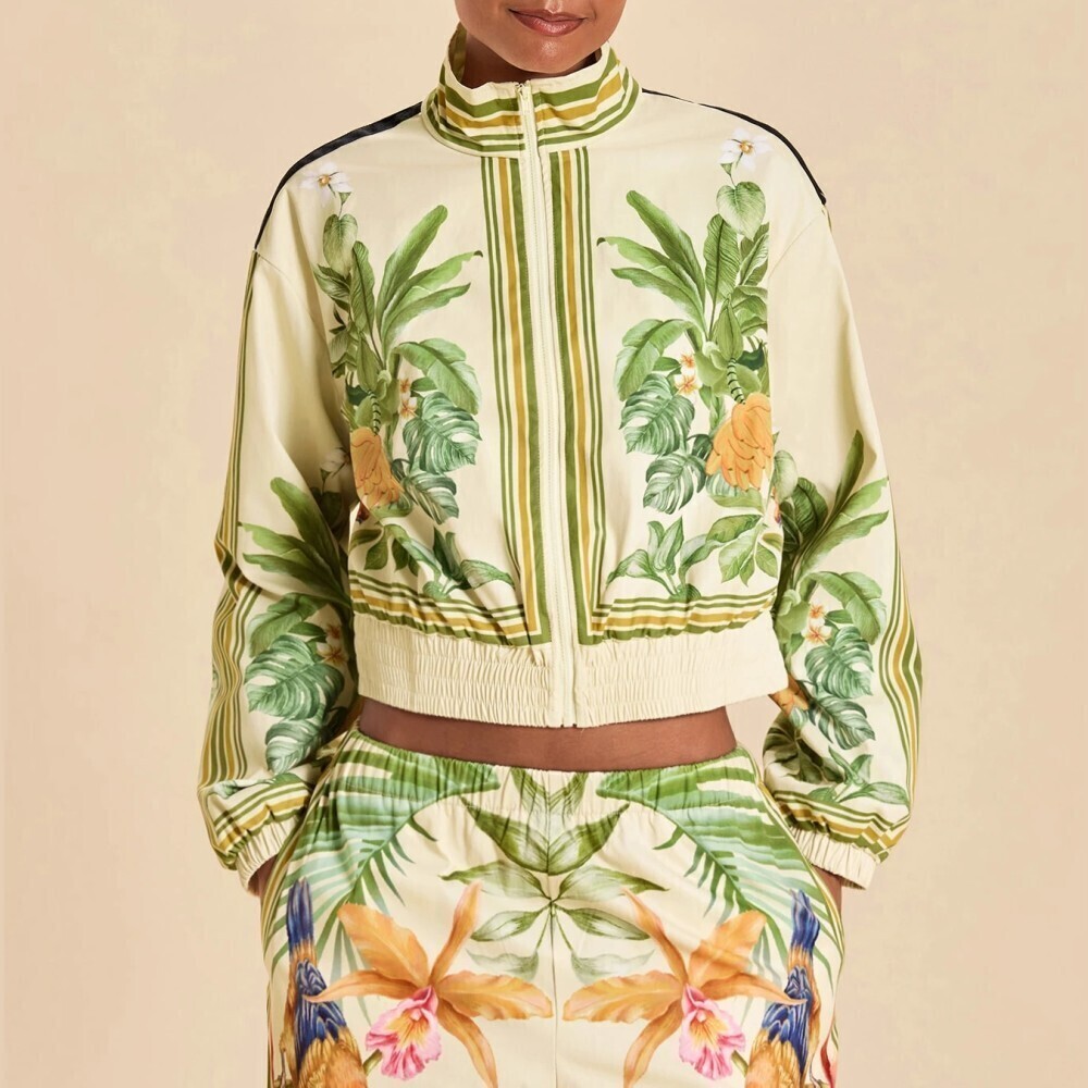 Cream Tropical Palm Print Zip Front Cropped Lightweight Track Jacket
